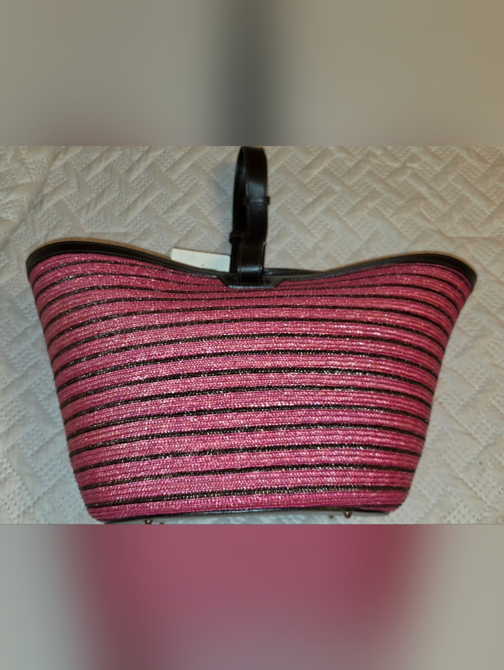 FREDRICK FEKKI. Vintage w. Tags. Stylish Pink Straw Tote w  Dark Brown Trim
